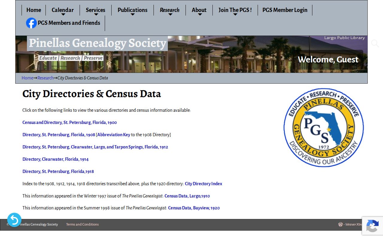 Pinellas Genealogy Society early directory and census index