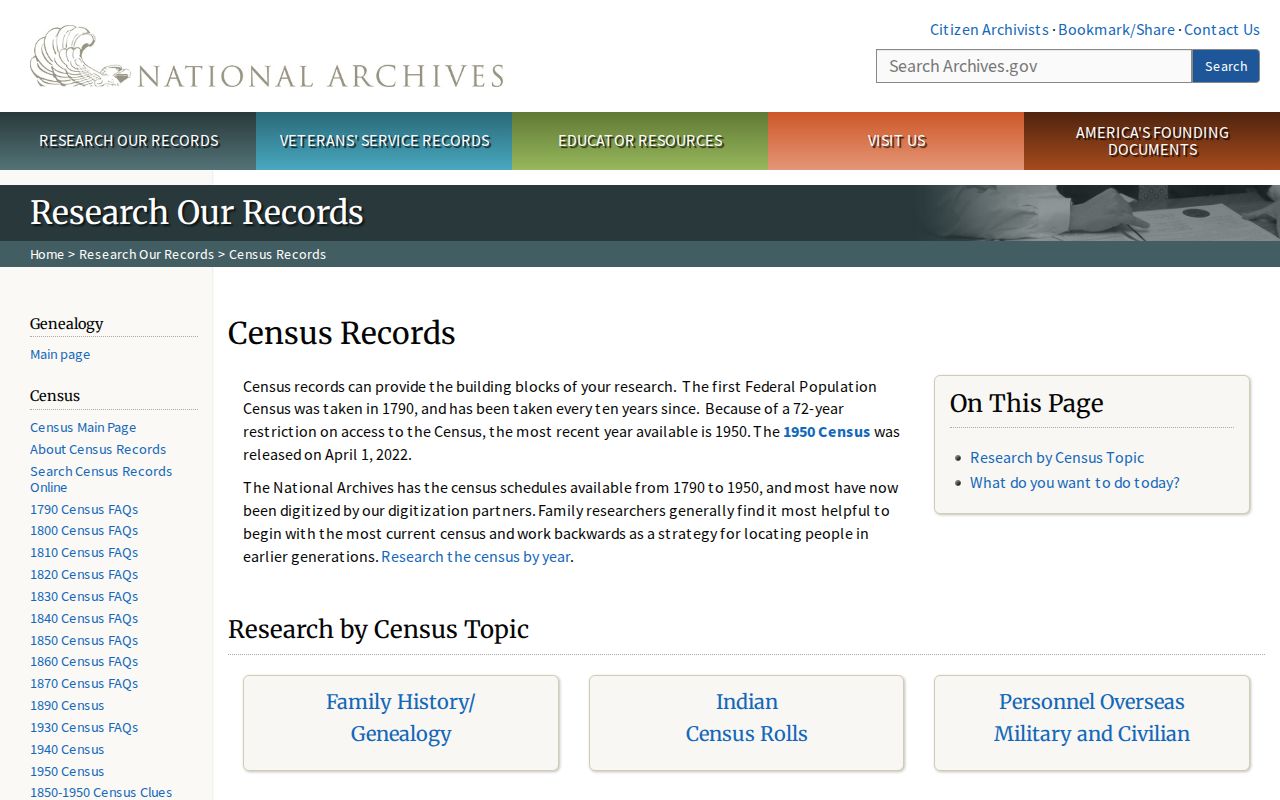 National Archives federal census research page