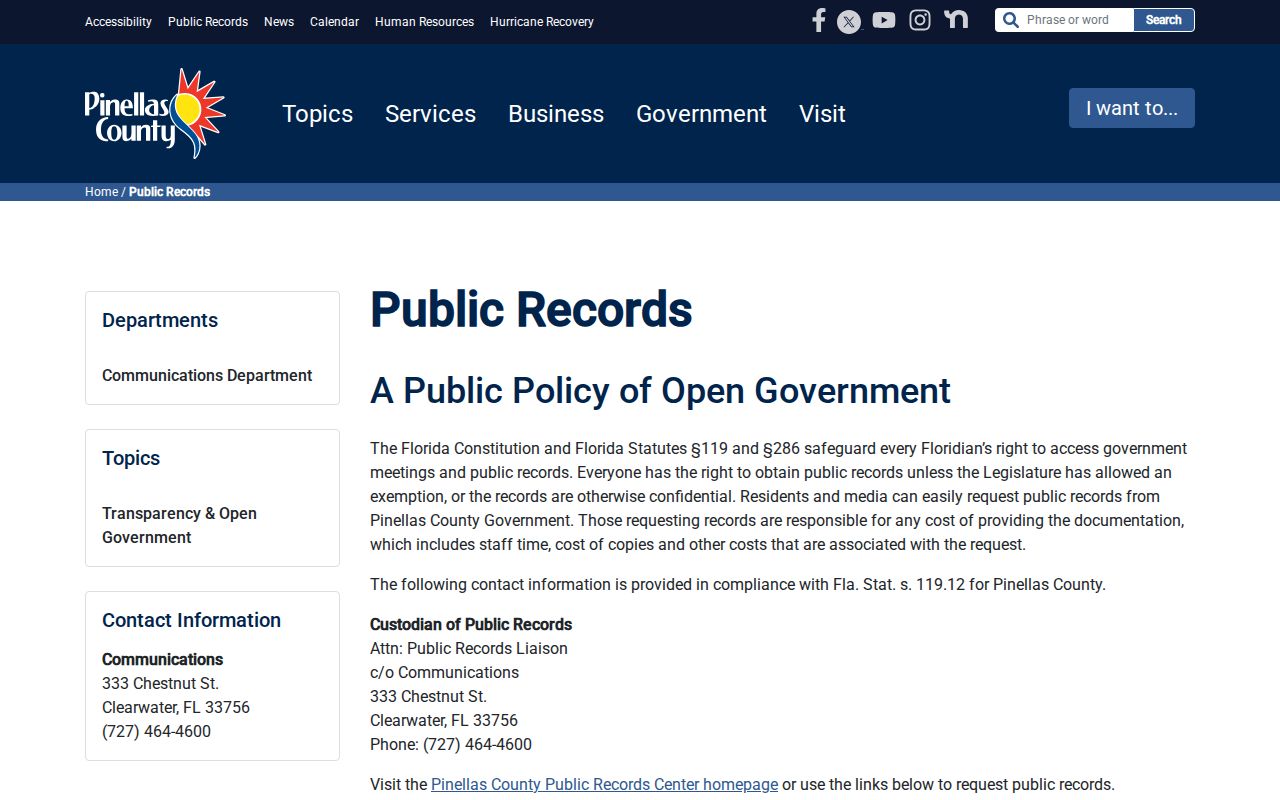 Pinellas County residents directory public records request routes