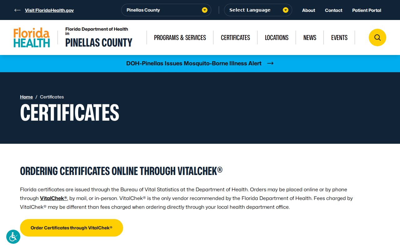 Pinellas County residents directory vital certificate access