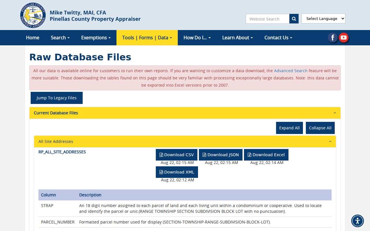Pinellas County neighbors property roll data download source