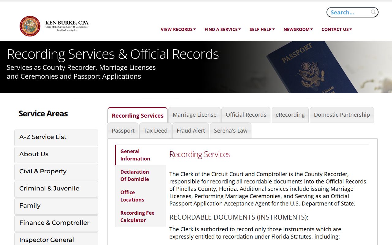 Pinellas County Clerk recorded deed and Official Records access information