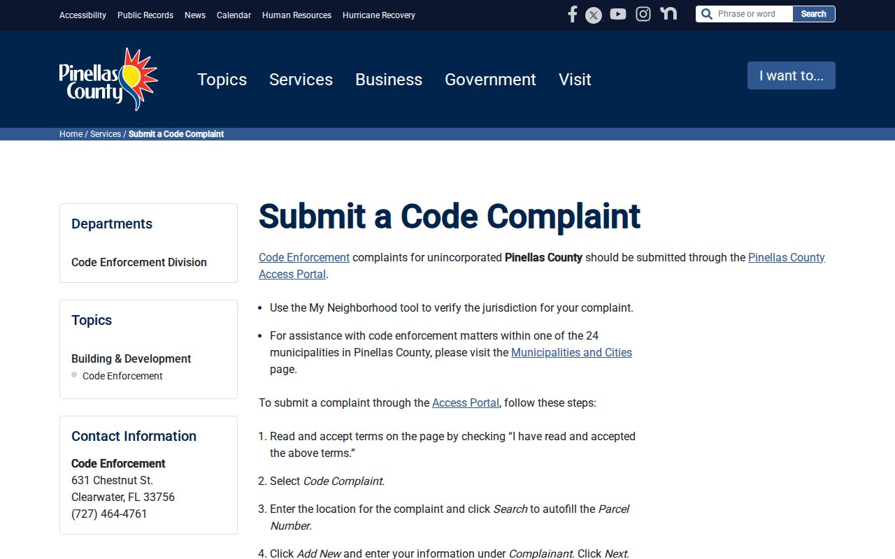Pinellas County address-based code complaint page