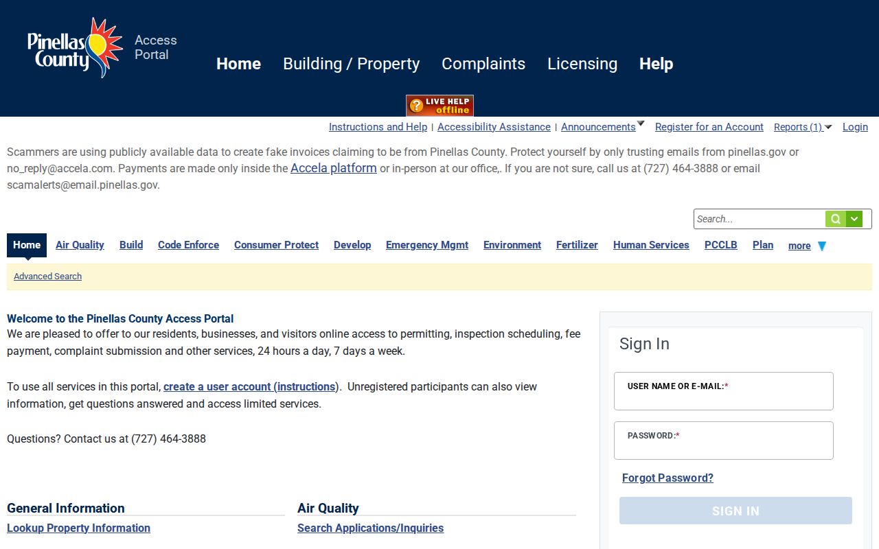 Pinellas County permit and code record search by street address