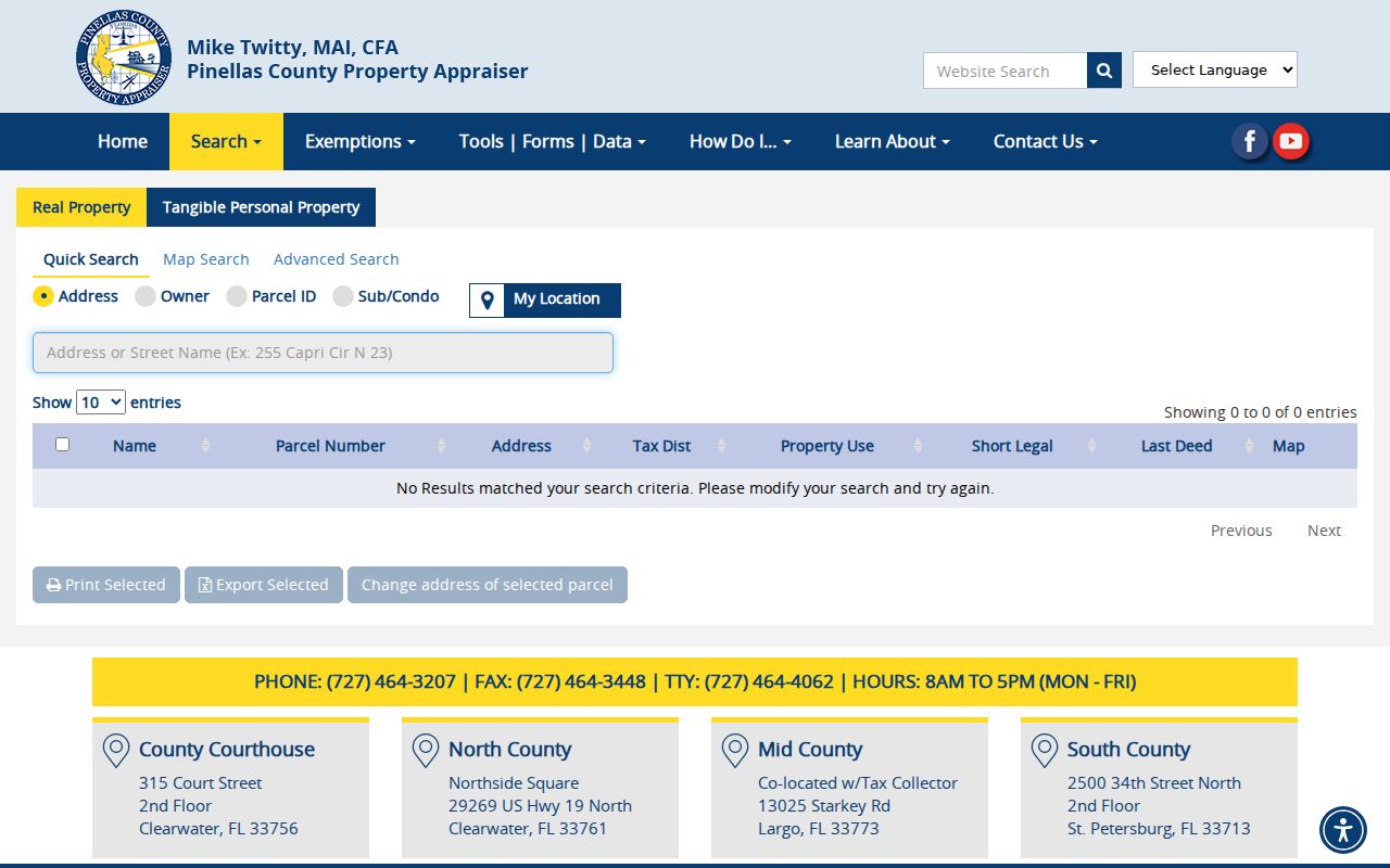 Pinellas County Property Appraiser parcel and street address search screen