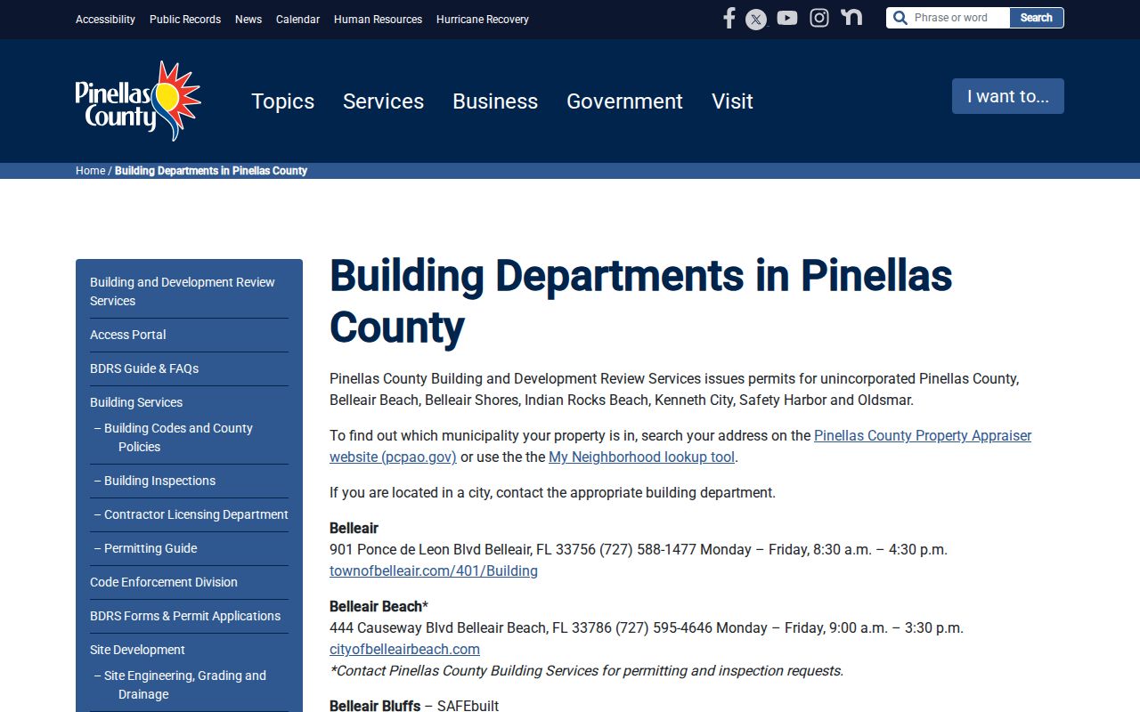Building departments serving Pinellas County jurisdictions